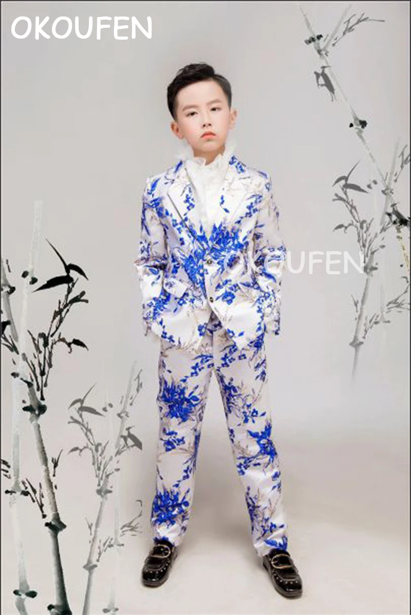 Customized kid's Chinese Wind Blue and white porcelain Printed Suits children's catwalk stage show costumes