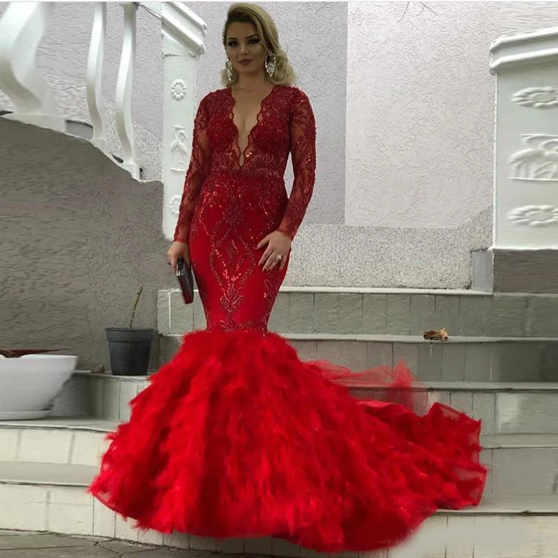 Plus Size Mermaid Red Prom Pageant Dresses with Long Sleeve 2020 Sparkly Lace Sequins Tiered Ruffles Skirt Trumpet Dubai Evening