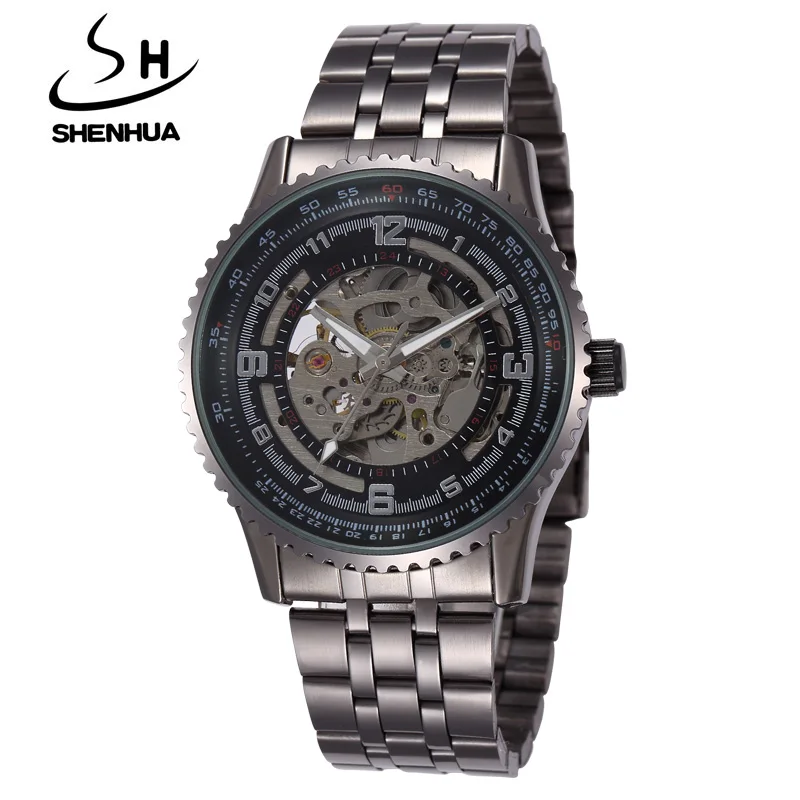 SHENHUA Watches Men Fashion Steampunk Skeleton Automatic Self Wind Mechanical Watches Men Gear Watches relogio masculino