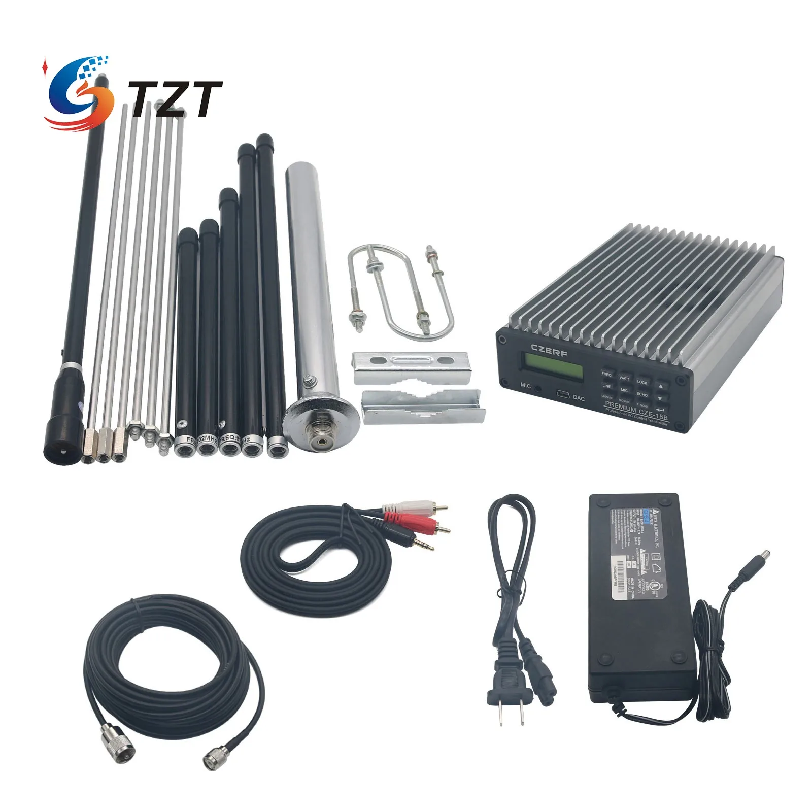 TZT CZE-15B 0.3-15W Adjustable Stereo FM Transmitter PC Control Wireless Radio + Power Adapter + Antenna