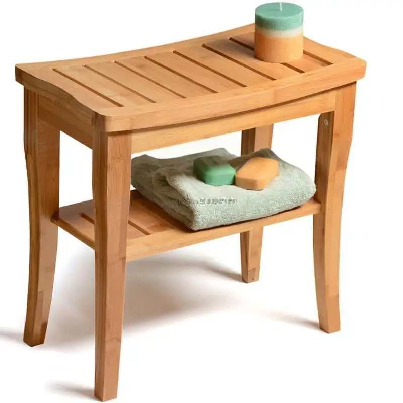 Natural Bamboo Shower Bench Seat Wooden Spa Bath Deluxe Organizer Stool with Storage Shelf