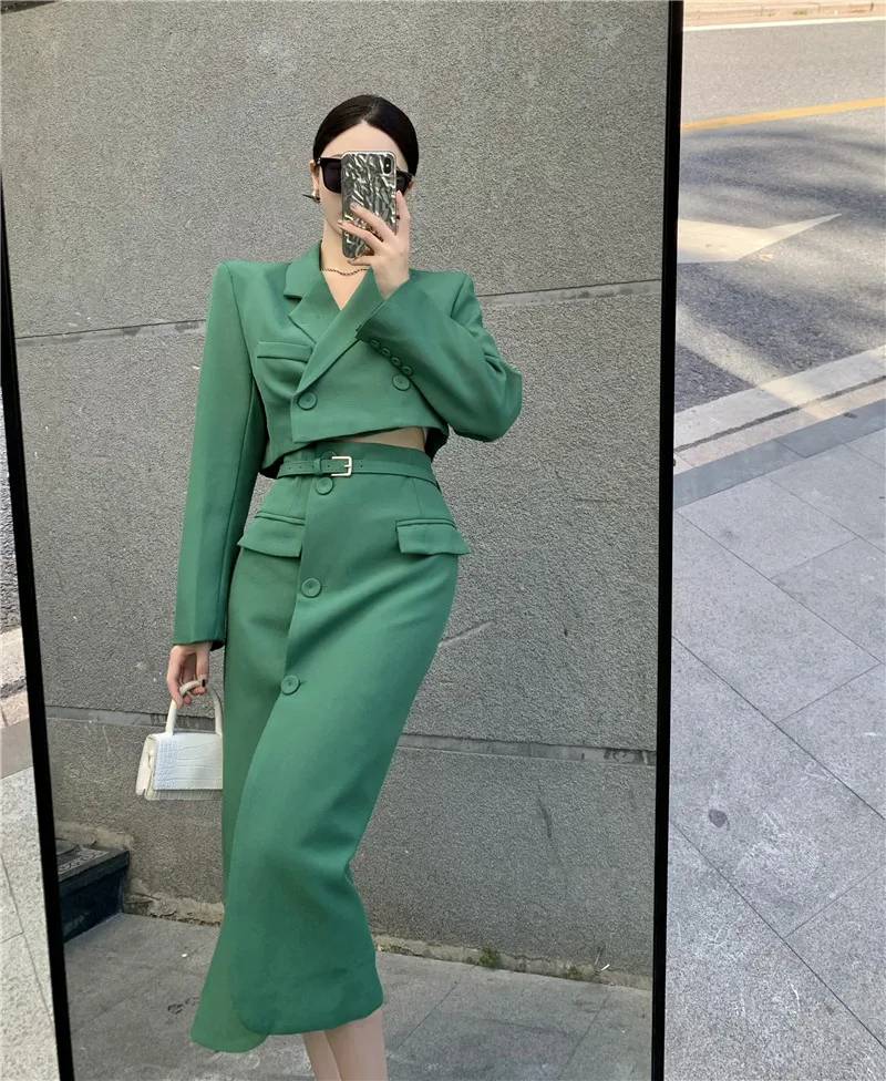 

Elegant OL Green 2Piece Set Autumn Women Fashion Suit Collar Double-Breasted Short Blazer+Split Bag Hip Long Skirt Set With Belt