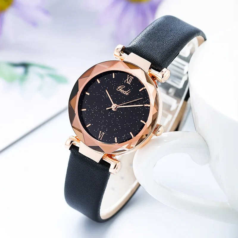 Unique Fashion Rose Gold Women Watches Starry Sky Stylish Red Color Rhombic Dial Elegant Lady Wristwatch GEDI Brand Quality Hour