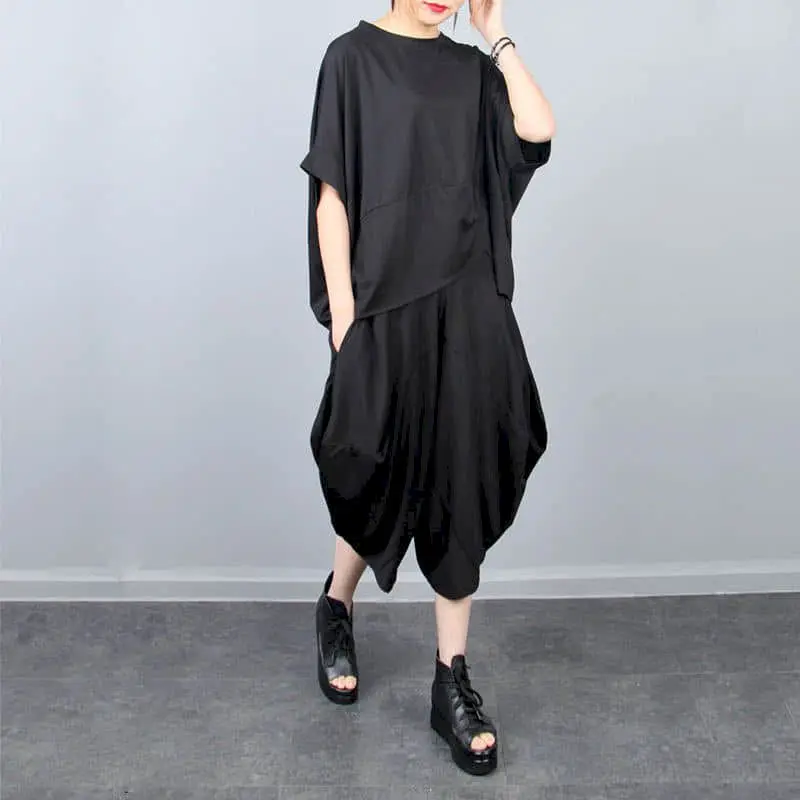 2024 Summer Womens Suits Casual Bloomers Suit Loose Bat Sleeve Oversized T Shirt Wide Leg Pants Two Piece Sets Aesthetic Clothes