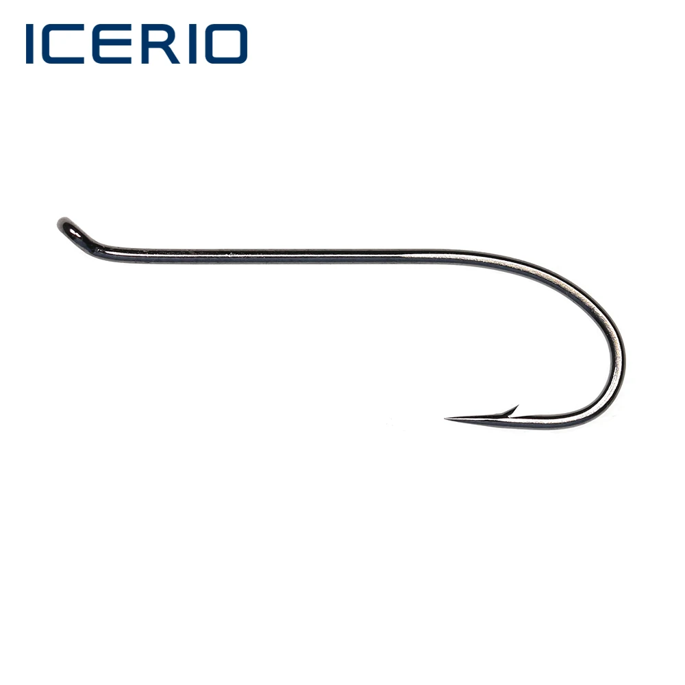 ICERIO 100PCS Black-nickle Up-turned Eye Forged Ringed 2X Long shank Fly Tying Hook Salmon/Steel Head Flies Nymphs Fishing Hooks