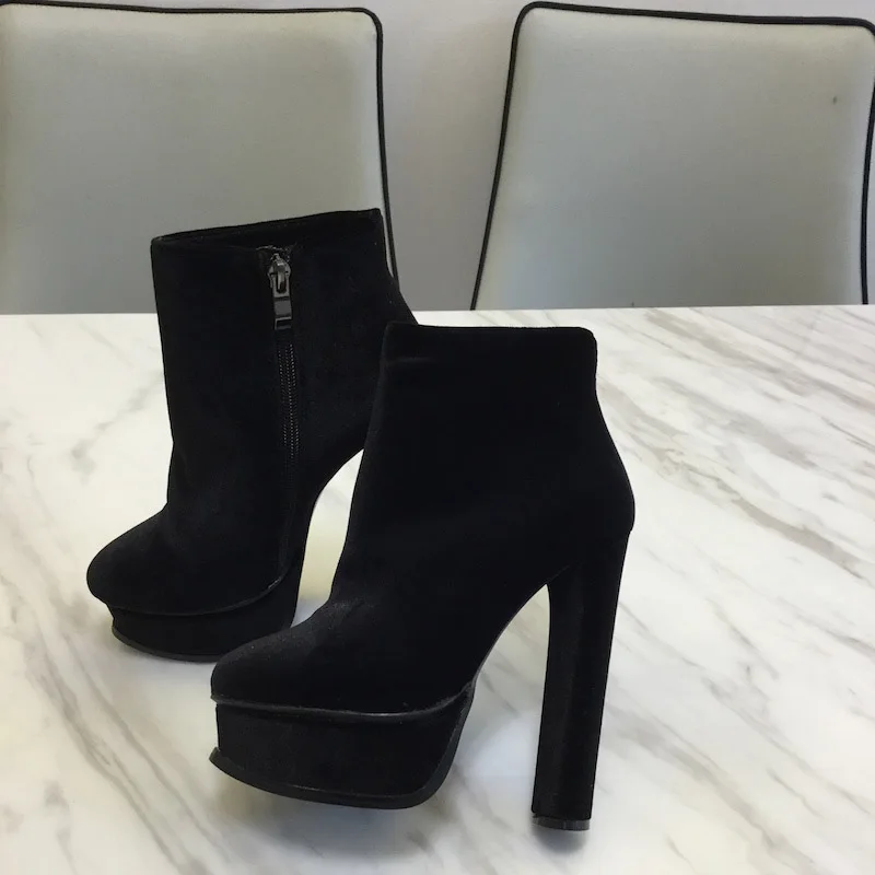 Plus Size 13 Black Suede Platform Boots Round Toe Super High Heel Women Ankle Boots Shoes Zipper Banquet Dress Shoes Customized