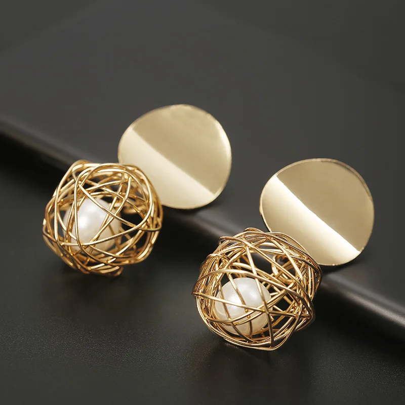 European and  American Style New Geometric Earrings Versatile Pendientes Simple Woven Ball Pearl Earrings Fashion серьги тренд 2