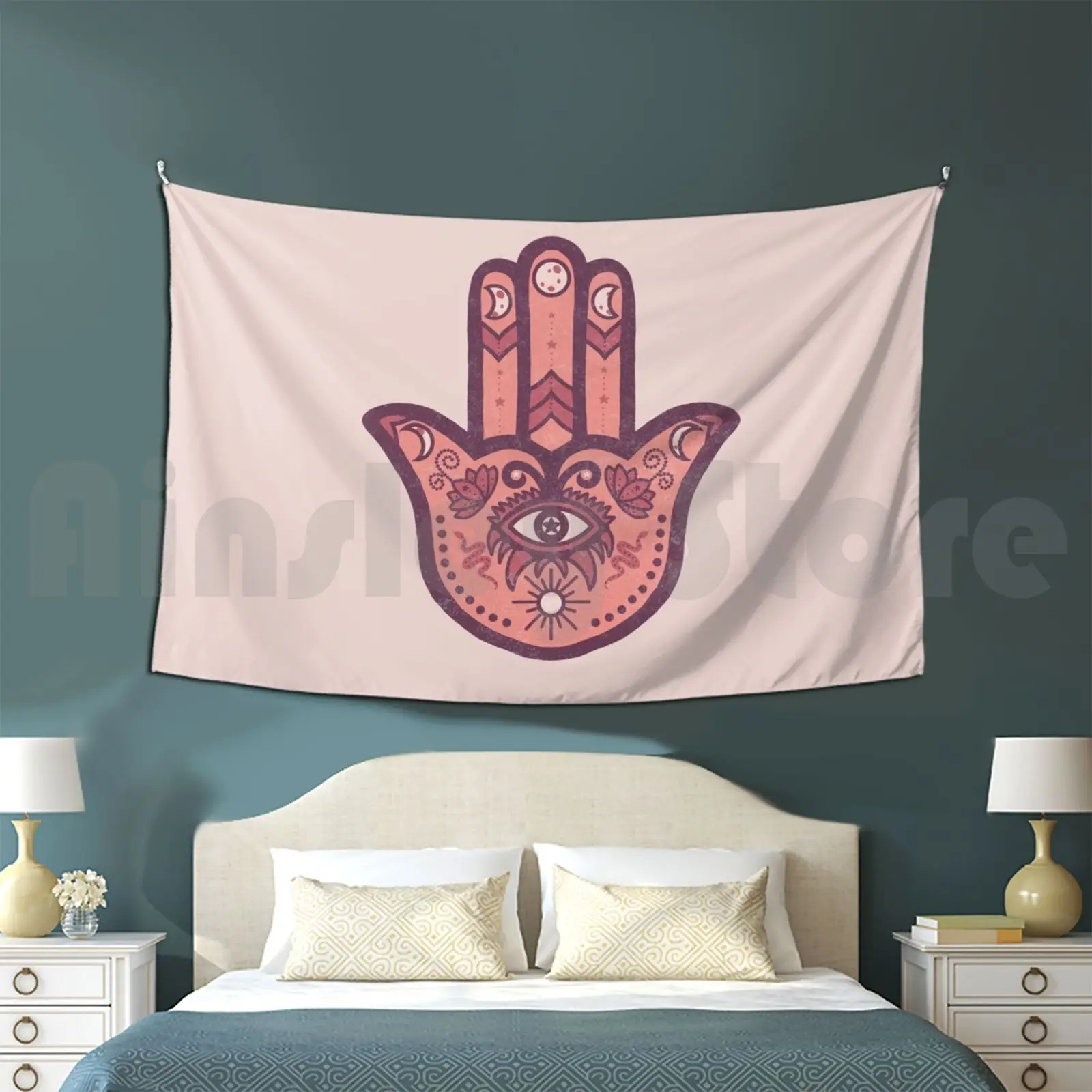 Rusty Brown | Hamsa Hand Amulet In Copper Tapestry Living Room Bedroom Hamsa Khamsa Chamsa Hand Palm Palmistry