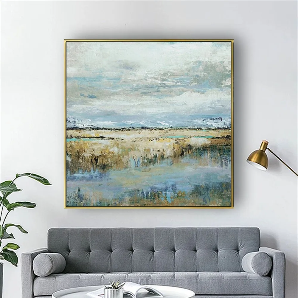 

Newest Cyan Gold Modern Landscape Mural Handmade Colorful Abstract Style Thick Oil Painting On Canvas For Home Decor Wall Art