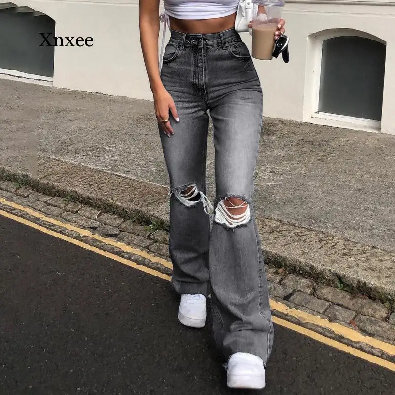 

Flared Jeans Trousers Ripped Women Holes Ripped Jeans Hollow Out High Waist Zipper Fly Denim Blue Black Wide Leg Pants Clothing