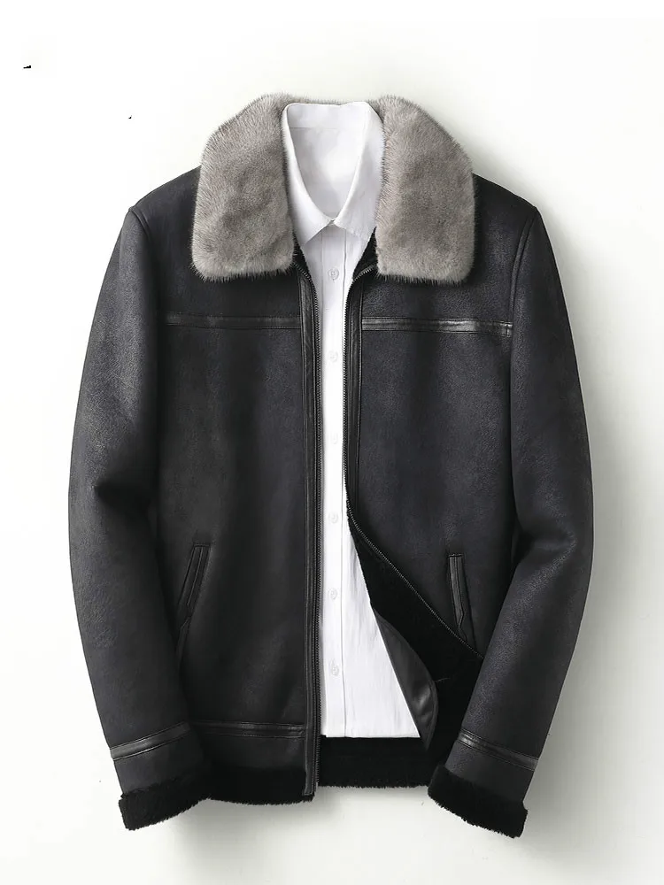 High Quality Sheepskin Fur Coat Lapel Genuine Leather Clothes Shearling Jacket Mens Mink Collar