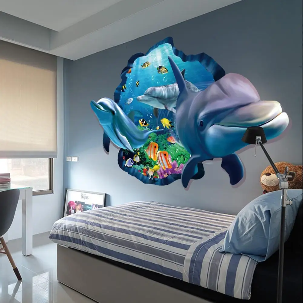 60 x 90cm Dolphin Fish Wall Sticker Kid's Bedroom Home Decor for Washing Machine Decoration for Bathroom Decal Pvc Mural Art