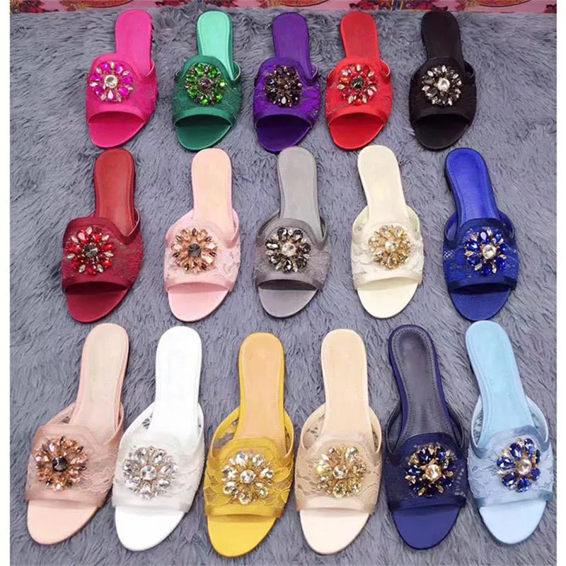 Girl\'s Glitter Gem Rhinestone Flower Floral Lace Slipper Sandals Peep Toe Flats Leisure Crystal Lace Slide Shoes for Ladies