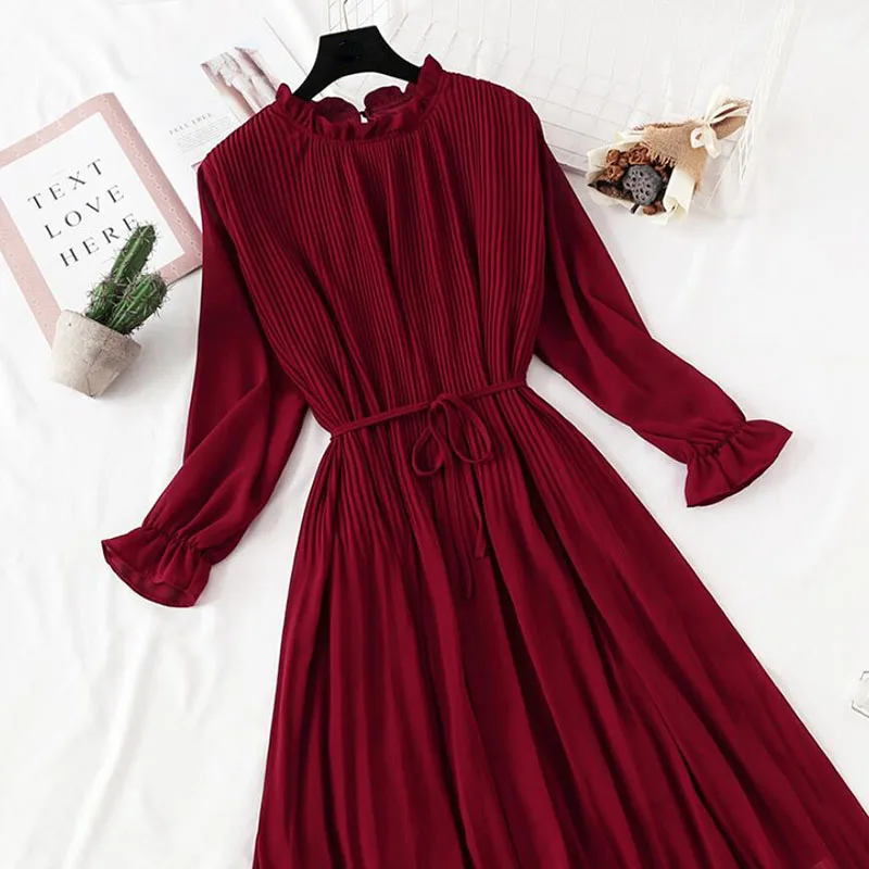 Spring Summer French Vintage Long Dress 2021 Women Elegant Long Sleeve Loose Solid color Chiffon Pleated Dresses Femme Robe