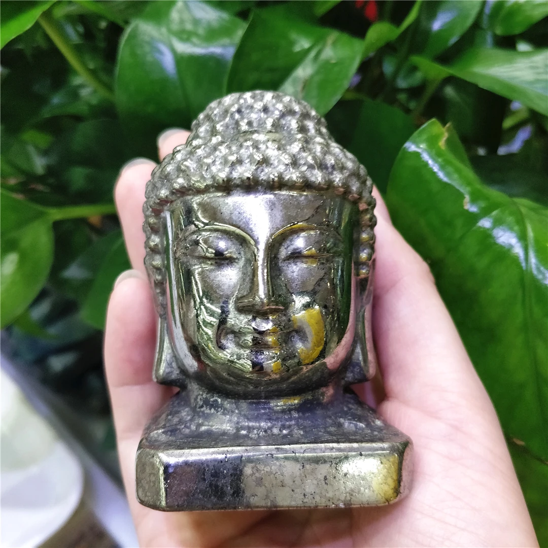 

600G Natural Pyrite Mineral Quartz Carved Buddha Head Sculpture Figurine Ornament Feng Shui Craft Vintage Home Decor Stone Age