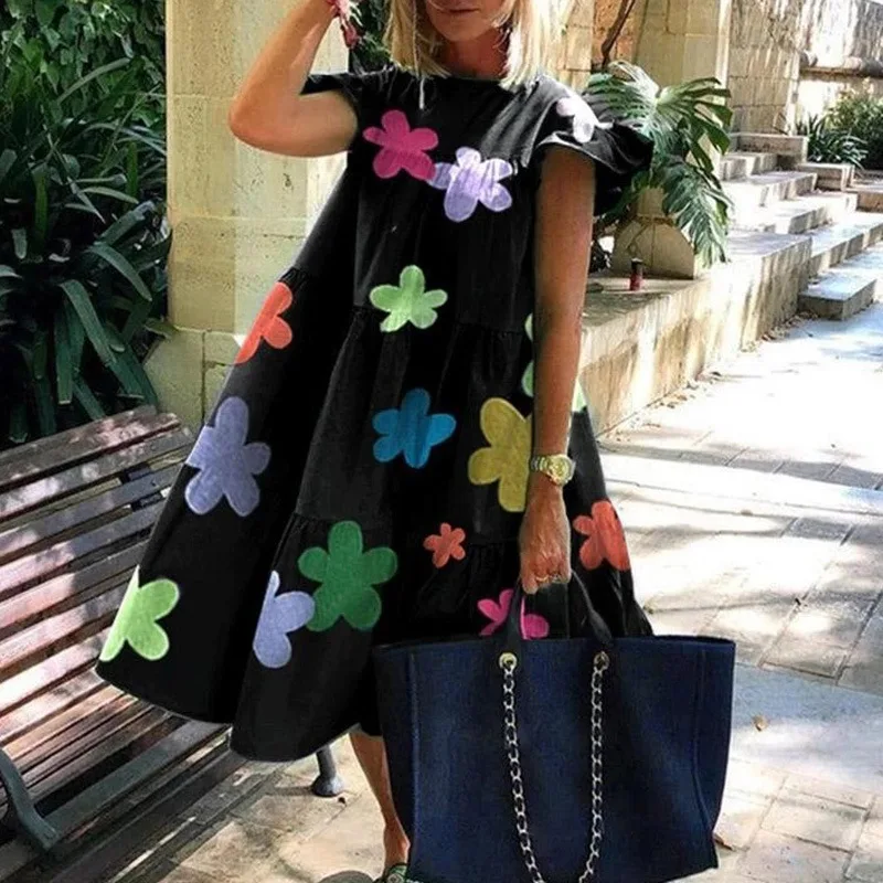 Kobiety Patchwork luźna sukienka plażowa dziewczyny kawaii rękaw z falbankami O szyi kwiaty dot sukienka z nadrukiem kobieta holiday ball suknia