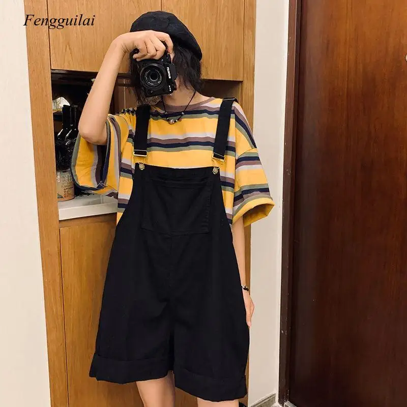 Women Summer Solid Harajuku High Street All-Match Elegant Casual Womens Loose Students Wide Leg Preppy Playsuits Femme 2021