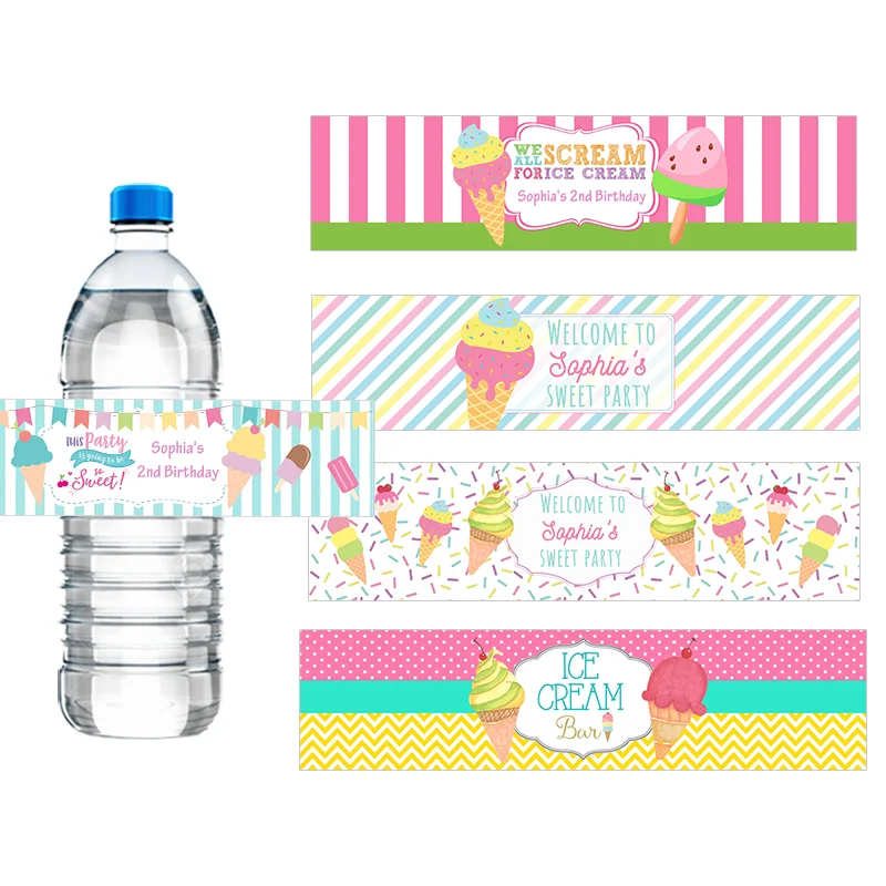 30pcs Ice Cream Theme Birthday Party Water Bottle Labels Customize First Birthday Baby Shower Personalized Summer Party Stickers