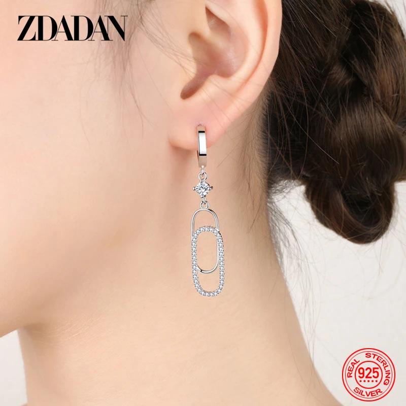 ZDADAN 925 Sterling Silver Geometric Paper Clip Pendant Earrings For Women Fashion Wedding Jewelry Gift