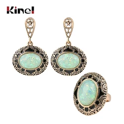 kinel Opal Ring And Earring Jewelry Set Black Enamel Antique Gold 2pc Vintage Jewelry For Women Luxury Party Gift