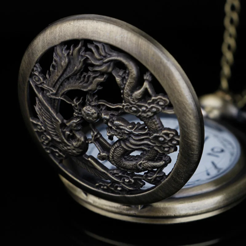 Chinese Holllow Dragon Quartz Pocket Watch Necklace Vintage Pendant Male Clock With Chain Gifts