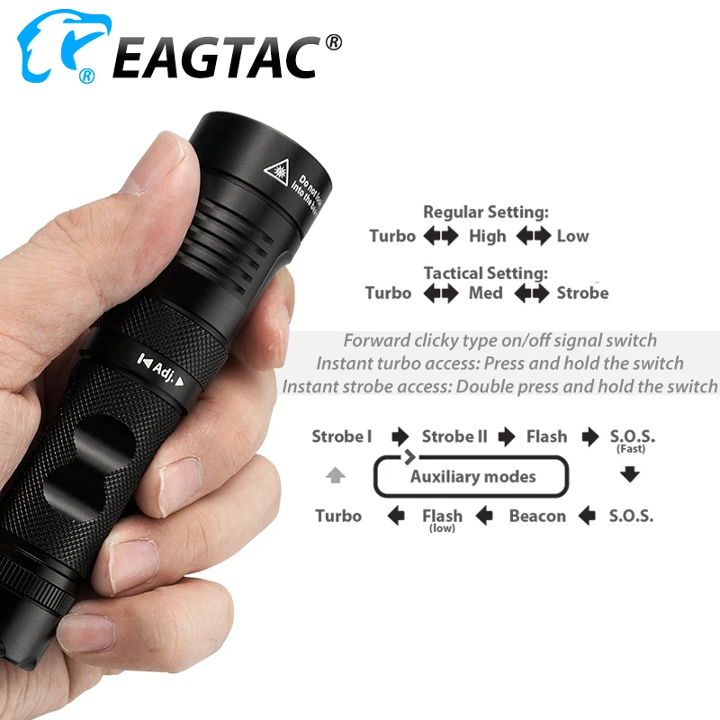 EAGTAC TX25C2 XML2 1350 Lumen Super Bright LED Flashlight  EDC Torch FREE 18650 3400MAH Battery Multi Mode Side Switch Strobe