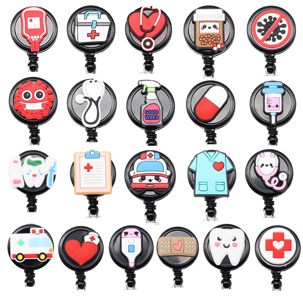 

30 Pcs/Lot Mix Design Cheap Medical Nurse Accessories Stethoscope Heart Pill Retractable Rubber PVC ID Badge Holder Reel