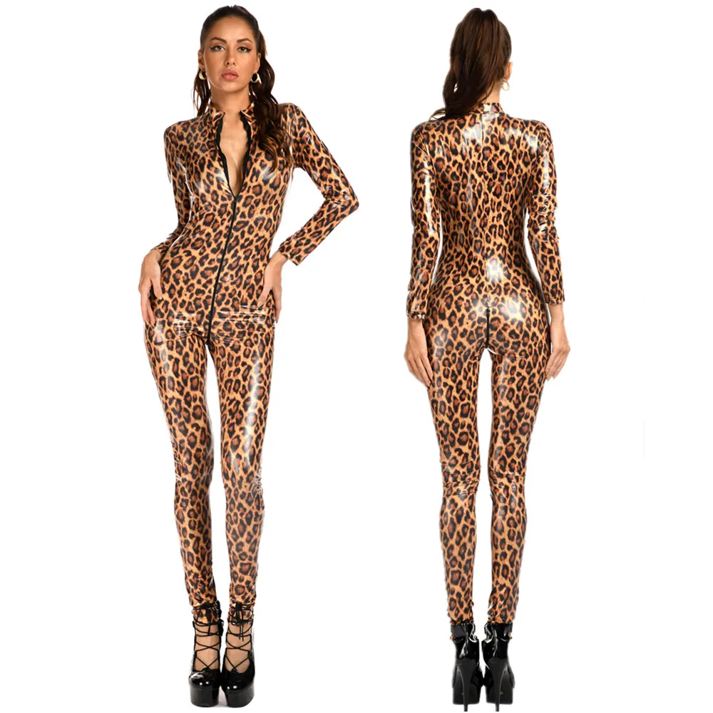 Erotyczna kobieta Sexy krocza Leopard lateksowe kombinezony podwójny zamek błyskawiczny otwarte krocza body elastyczna PU skóra Catsuit bielizna