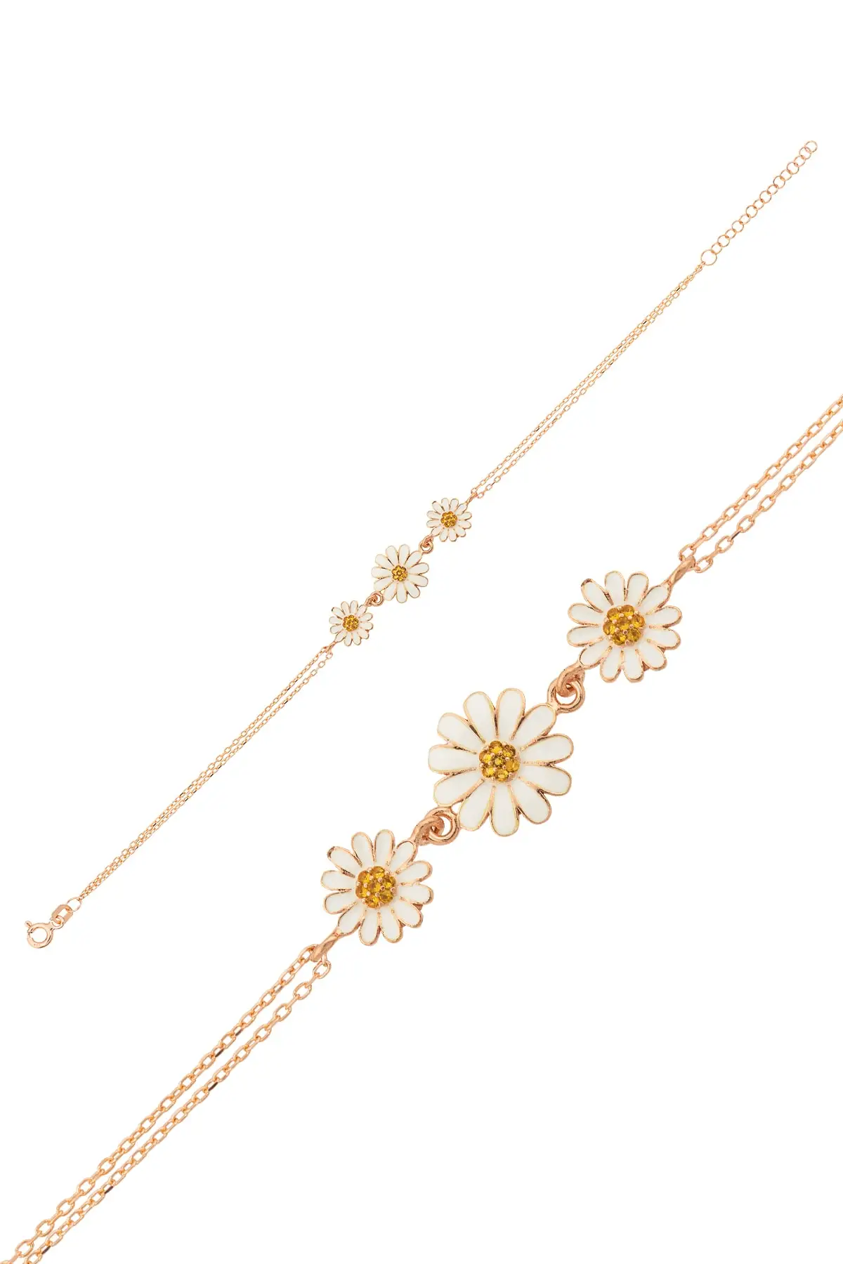 Three Daisy Cottage Bracelet-Yellow Nano Zirconia stone Cabochons Rose Gold Plated 925 Sterling Silver