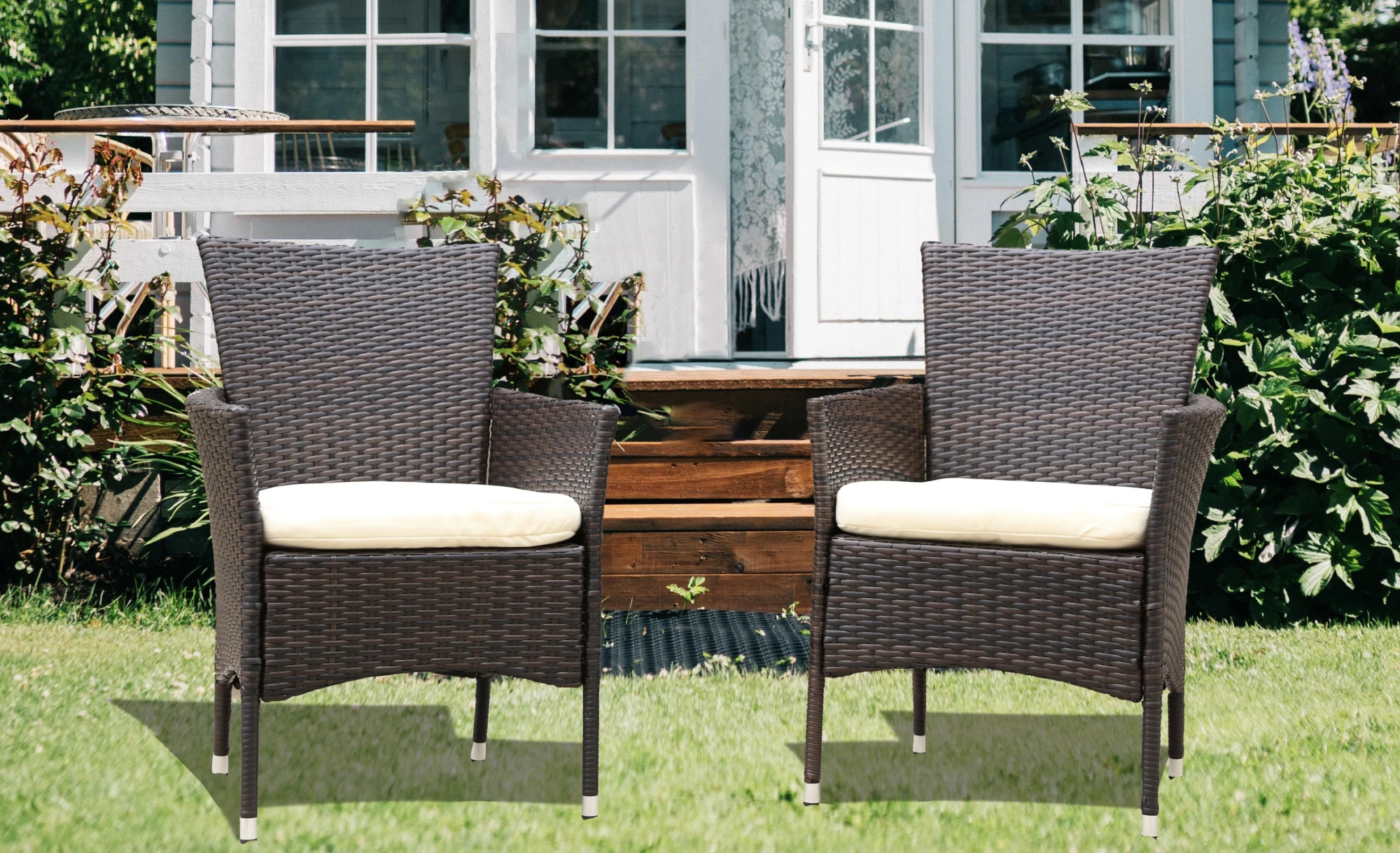 2Pcs Brown Wicker Chair Outdoor Patio Rattan Armchair Seat with Removable Beige Cushions[US-W]