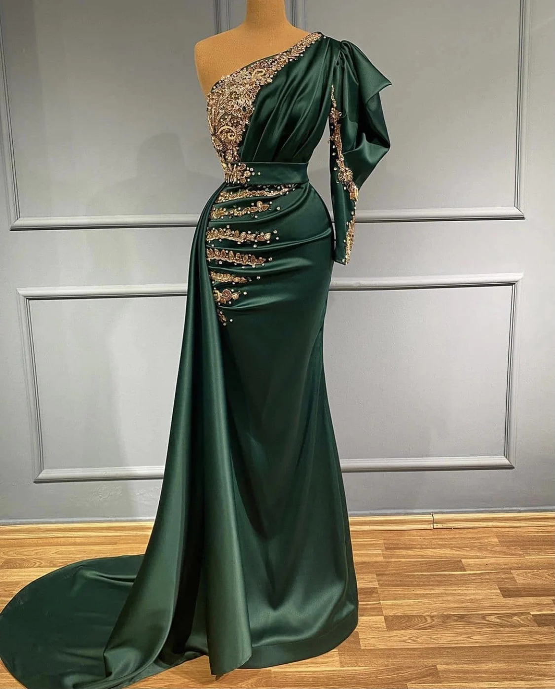 Green New Custom One-shoulder Luxury Handmade Beading With Pleated  Women Wrap Dresses Sexy Satin Evening Dresses