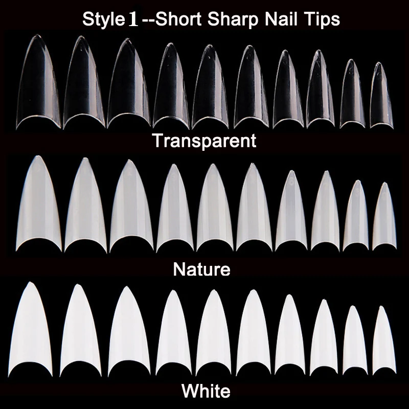 500pcs/Bag Sharp False Nail Art Tips XXL/Short Full Cover Stiletto Tip Gel Manicure Artificial Fake Nails Press On Nail 10 Sizes