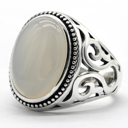 New hot sale 925 sterling silver men's ring white agate stone men's punk ring high jewelry
