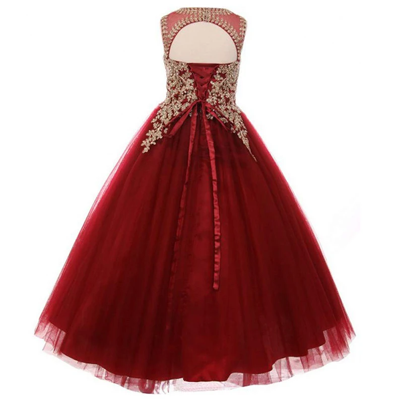 Wine Red With Gold Appliqued Beaded Little Girls Pageant Dresses 2024 Holy Communion Dress Children's Birthday Party Prom Gowns