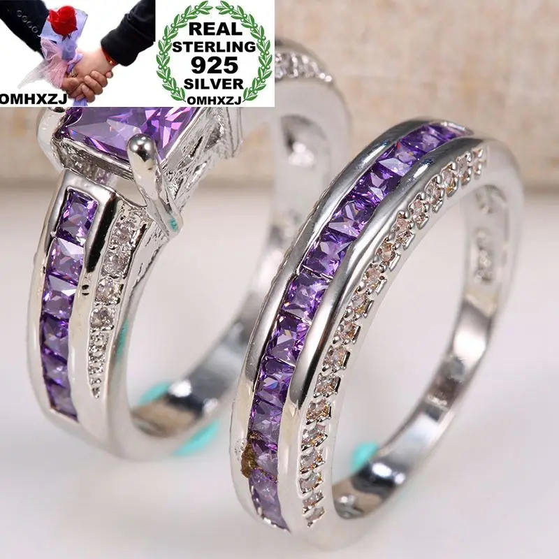 

OMHXZJ Wholesale European Fashion Woman Man Party Wedding Gift Square Amethyst AAA Zircon 925 Sterling Silver Ring Set RR76