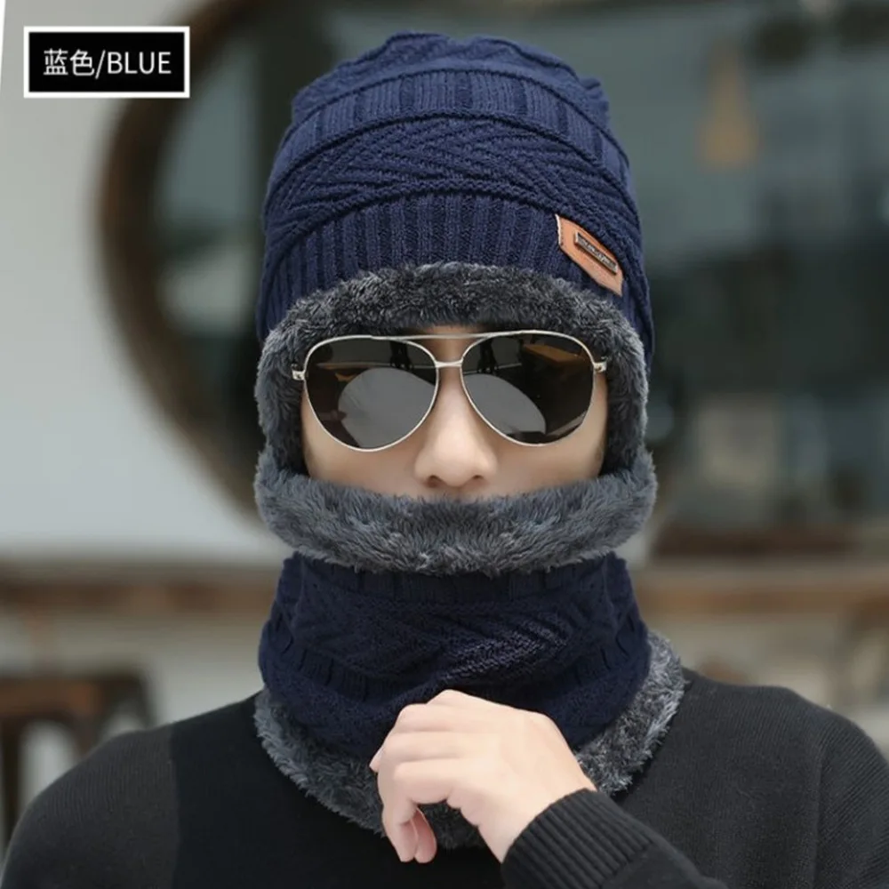 Chapéus de inverno homens de pelúcia quente malha beanie cachecol conjunto ao ar livre cor sólida masculino grosso orelha proteção boné snood kit feminino