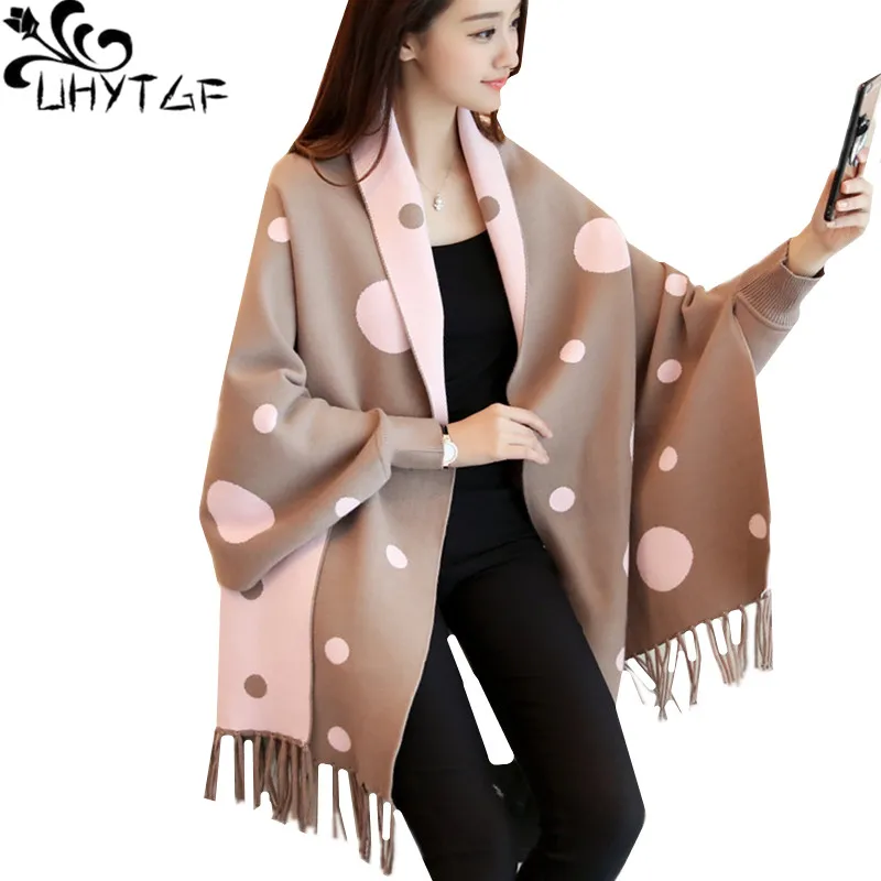 

UHYTGF Knit Cardigan Women's Fashion Tassel Cloak Shawl Autumn Winter Sweater Coat Korean Big Size Cardigan Sweaters Female 367