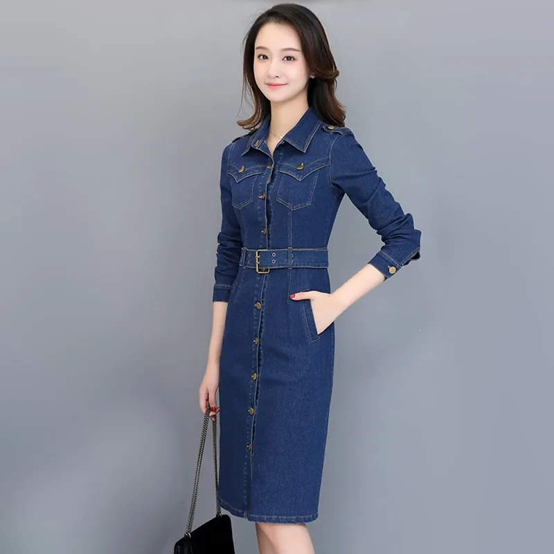 S-3XL Women Mid-length Denim Dresses Spring Autumn Fashion Long-sleeve Adjustable Waist Stretch fabric Slim Cotton Dress Female