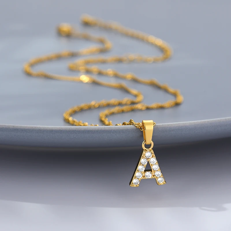 Exquisite Zircon Letters Initial Necklace For Women Men Water Wave Chain A-Z Alphabet Pendant Necklace Couple Jewelry Gifts