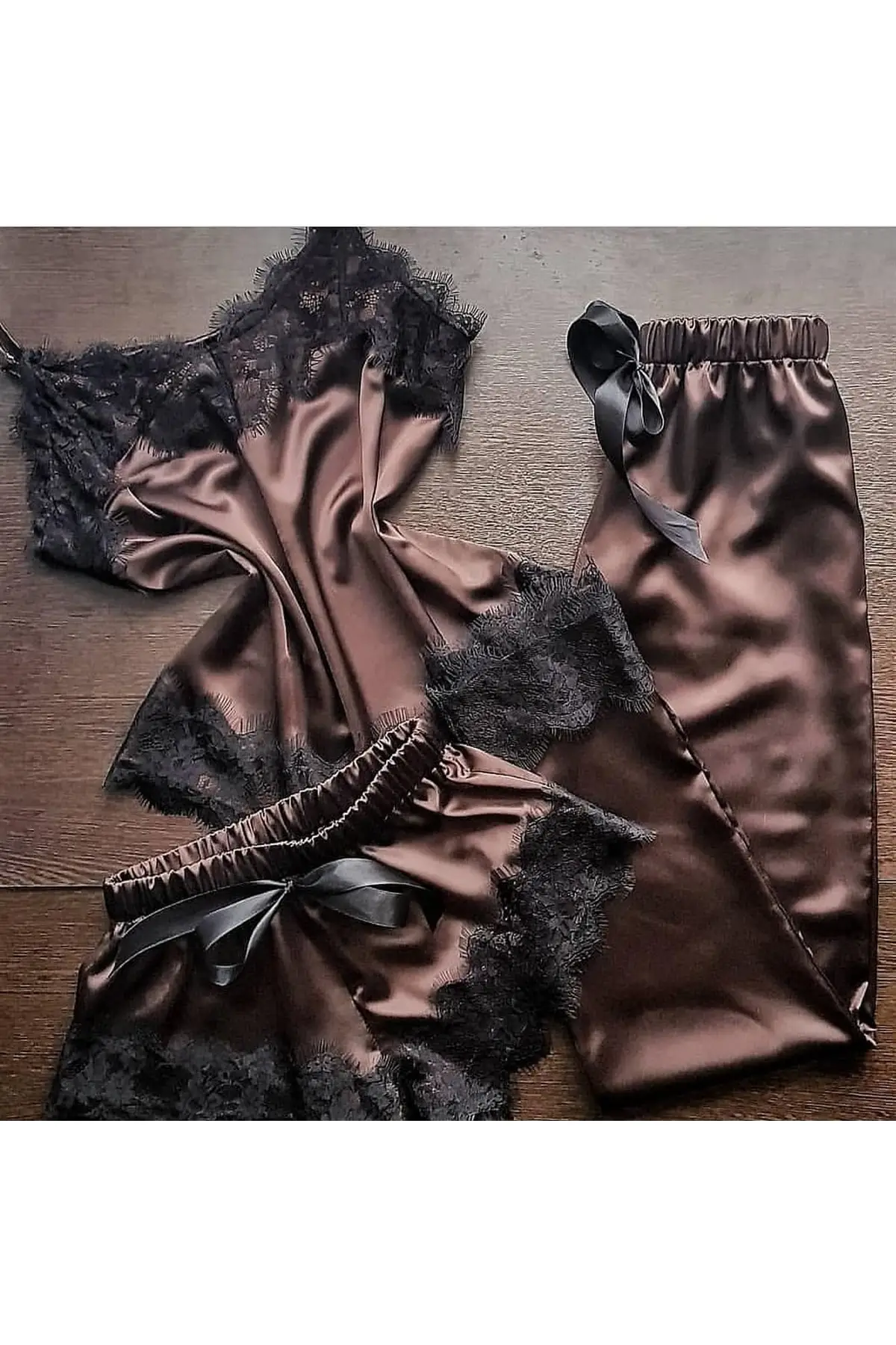 3 pcs Choco Cetim Lace Detalhe Pijamas Set