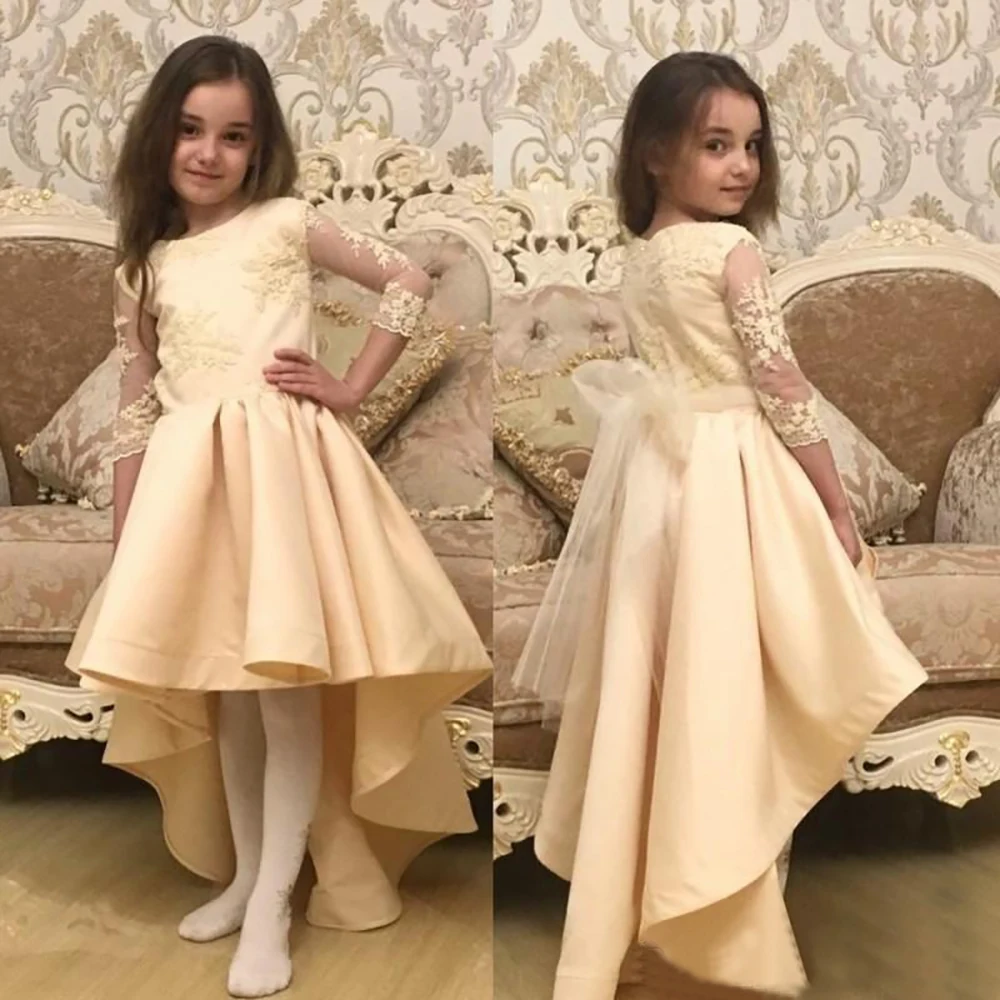 

O-Neck Satin Applique Kids Formal Wear Girls Pageant Birthday Christmas Custom Baby Children Party Dress Flower Girls Dresses