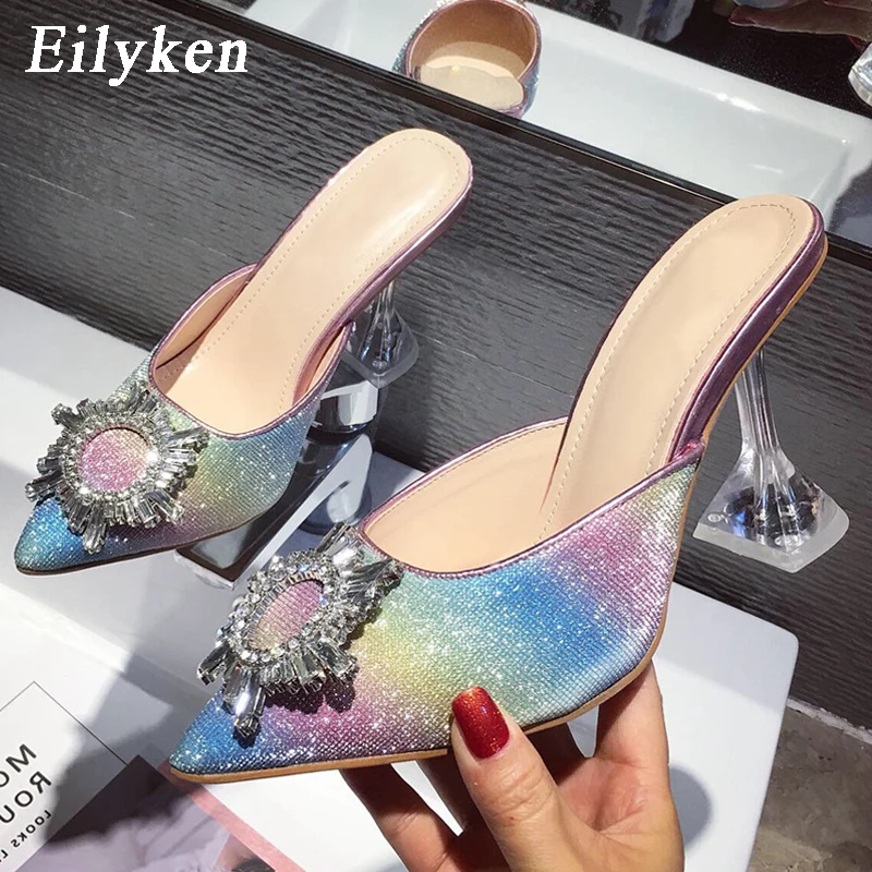 Eilyken strass donna décolleté sandali eleganti scarpe a punta tacchi alti Bling Crystal Perspex Spike Heeled Mule Shoes