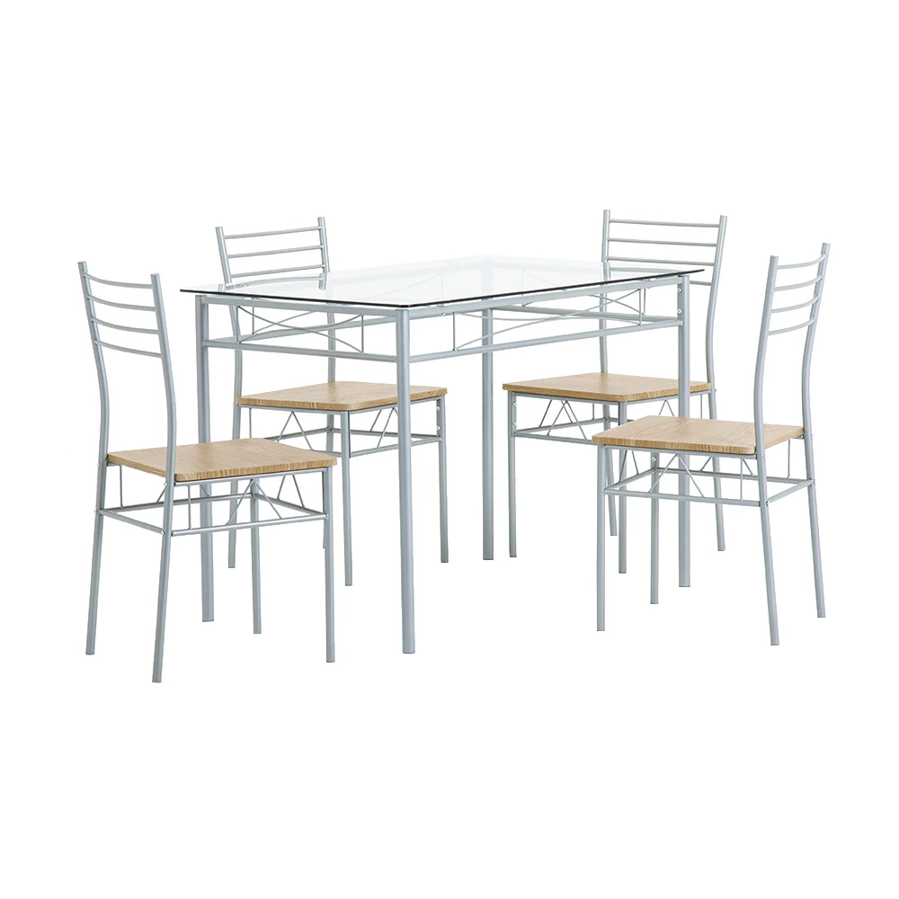 Two Colors Dinning Table Set  [110 x 70 x 76cm] Iron Glass Dining Table and Chairs Black One Table and Four Chairs PU Cushion