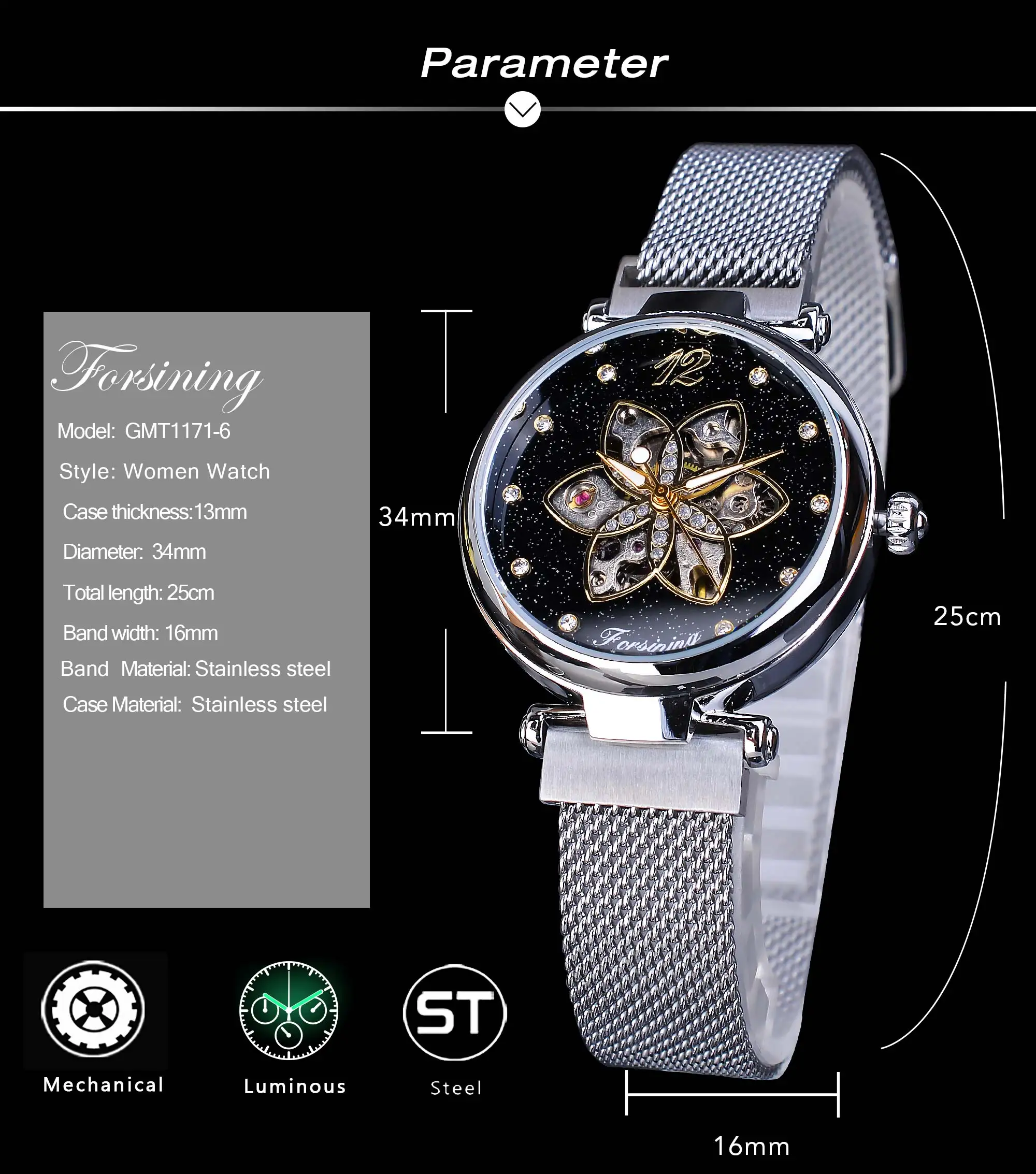 Forsining Top Brand Luxury Diamond Women Watches Mechanical Automatic Female Watches Waterproof 2019 Fashion Mesh Design Clock