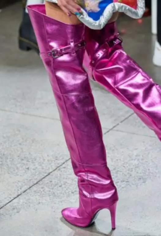 

Fashion Buckle Belted Bling Leather Thigh Boots Laides Thin Heel Pointed toe over the Knee Boots Shiny Slouch Boots Shoes