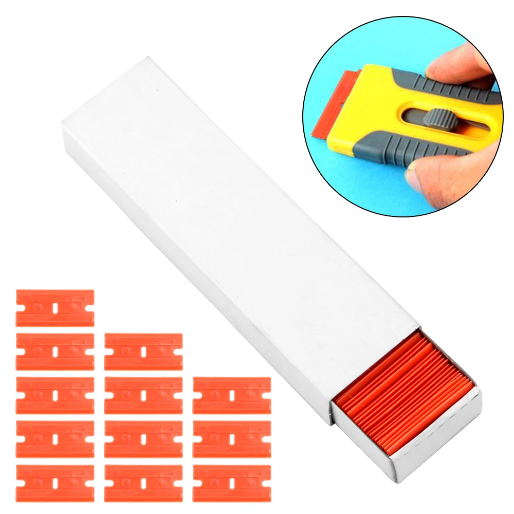 100pcs Double Edged Plastic Razor Blade Window Glass Clean Scraper Lable Clean Razor Glue Remover Car Wrap Sticker Squeegee