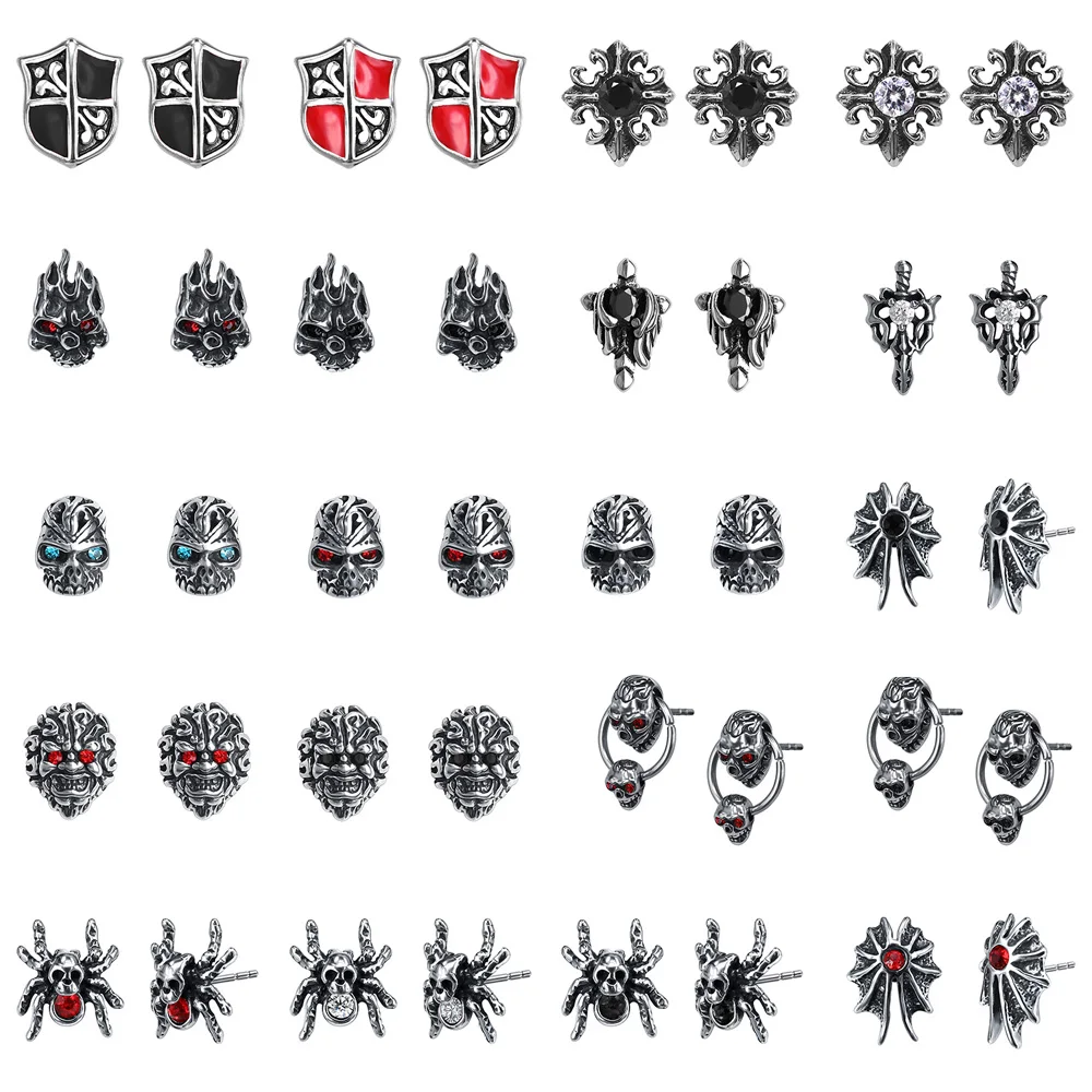 AOEDEJ Punk CZ Stone Stud Earrings for Men Stainless Steel Hip Hop Skull Ear Studs Rock Roll Jewelry Accessories