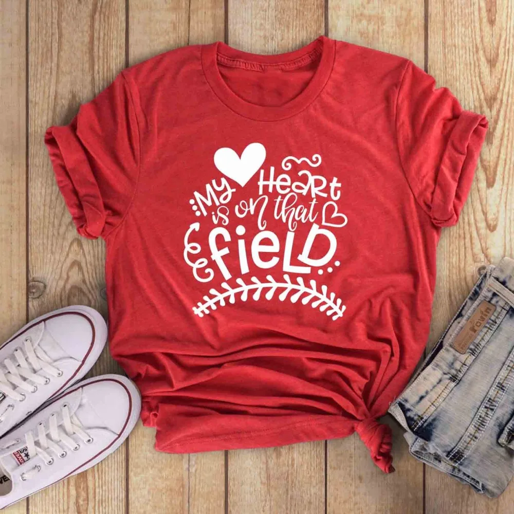 

My Heart is on That Baseball mom T-Shirt Funny 100% Cotton Aesthetic Slogan Tumblr Mother gift Tops Grunge Casual Tee shirts