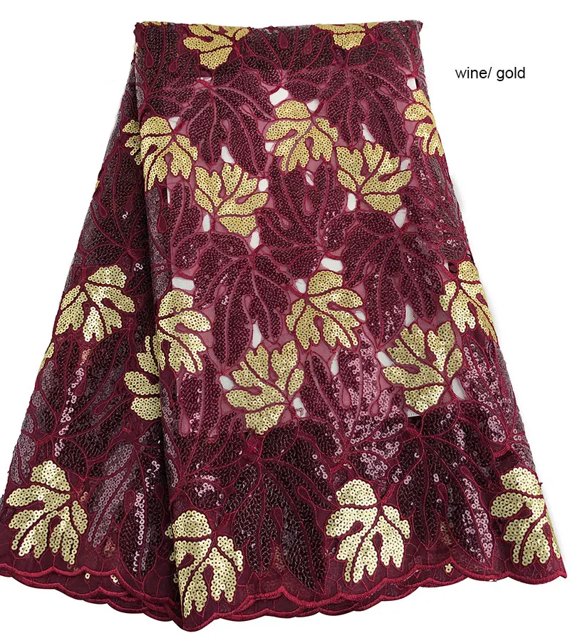 Wine Gold African French Lace Fabric with Sequins, Classic Holed Handcut, Fashionable Nigerian Occasional Wear, 5 Yards