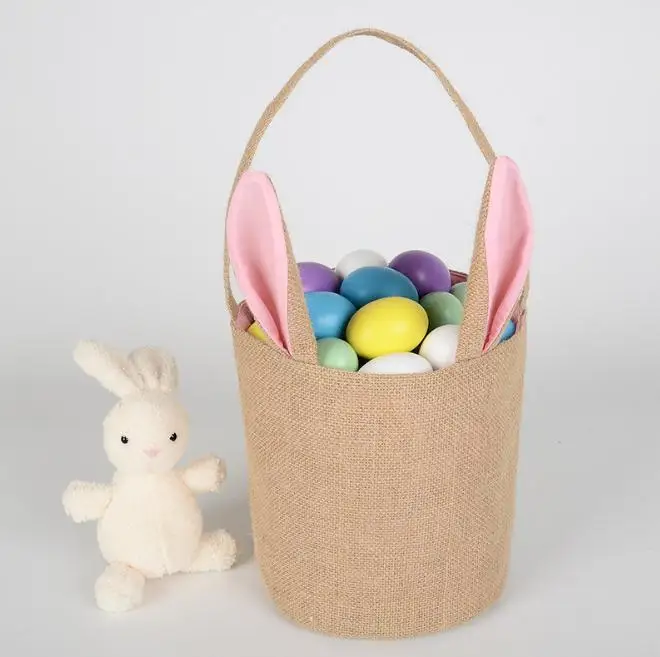 Burlap Easter Baskets Personalized Easter Bunny Buckets Bunny Ears Bucket Gift Bag Egg Organizer 5 Color Free Shipping Wholesale